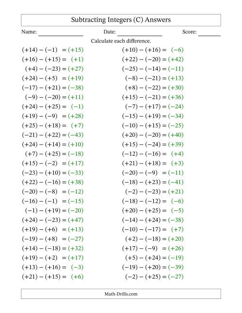 The Subtracting Mixed Integers from -25 to 25 (50 Questions; All Parentheses) (C) Math Worksheet Page 2