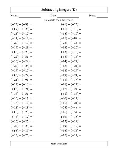 The Subtracting Mixed Integers from -25 to 25 (50 Questions; All Parentheses) (D) Math Worksheet