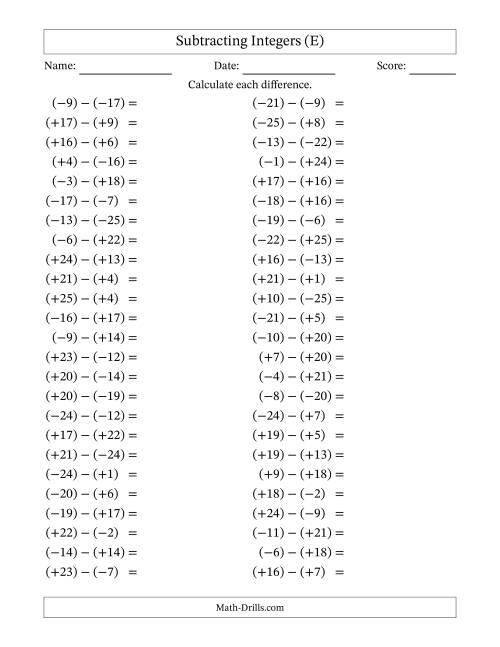 The Subtracting Mixed Integers from -25 to 25 (50 Questions; All Parentheses) (E) Math Worksheet