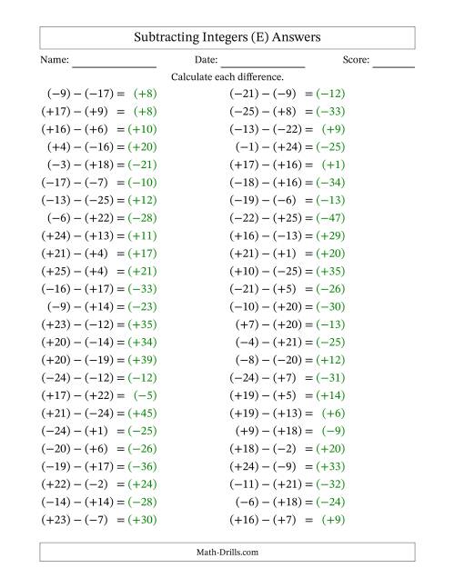 The Subtracting Mixed Integers from -25 to 25 (50 Questions; All Parentheses) (E) Math Worksheet Page 2