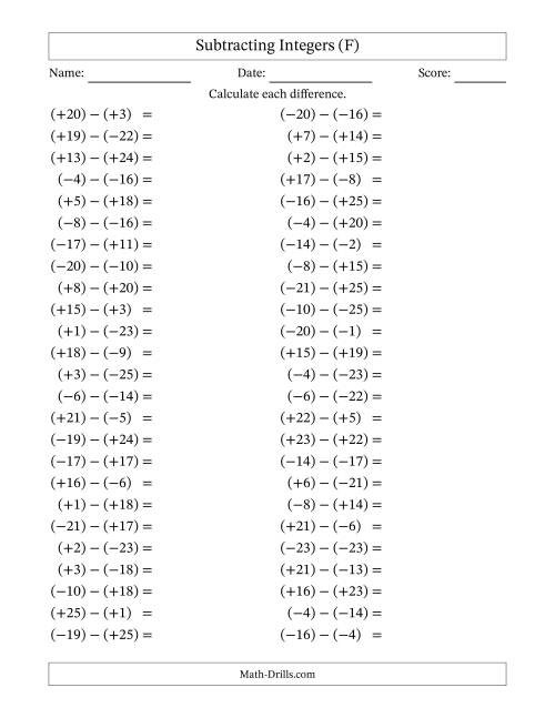 The Subtracting Mixed Integers from -25 to 25 (50 Questions; All Parentheses) (F) Math Worksheet