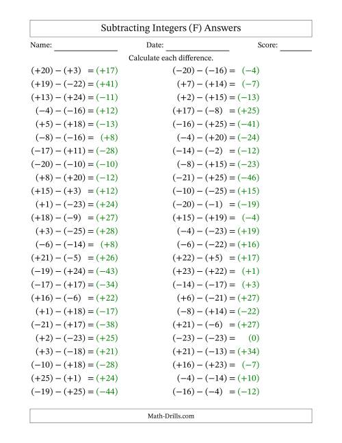 The Subtracting Mixed Integers from -25 to 25 (50 Questions; All Parentheses) (F) Math Worksheet Page 2