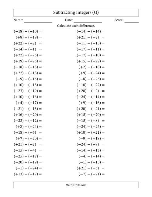 The Subtracting Mixed Integers from -25 to 25 (50 Questions; All Parentheses) (G) Math Worksheet