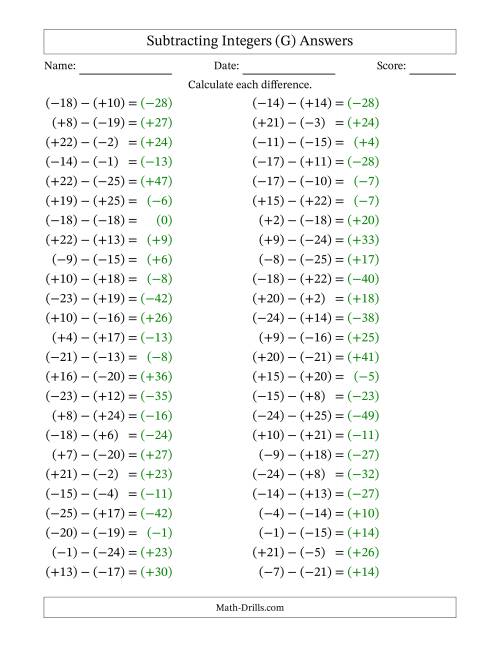 The Subtracting Mixed Integers from -25 to 25 (50 Questions; All Parentheses) (G) Math Worksheet Page 2