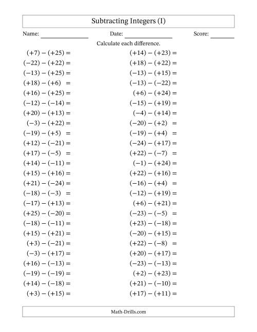 The Subtracting Mixed Integers from -25 to 25 (50 Questions; All Parentheses) (I) Math Worksheet