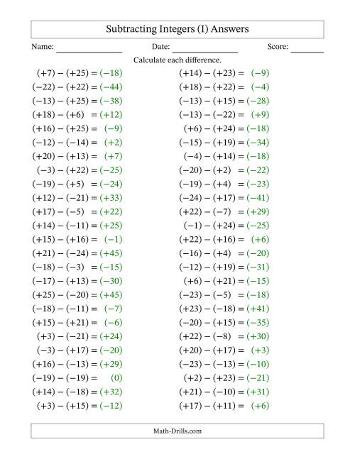 The Subtracting Mixed Integers from -25 to 25 (50 Questions; All Parentheses) (I) Math Worksheet Page 2