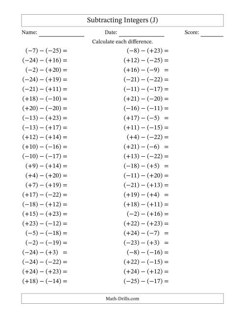 The Subtracting Mixed Integers from -25 to 25 (50 Questions; All Parentheses) (J) Math Worksheet