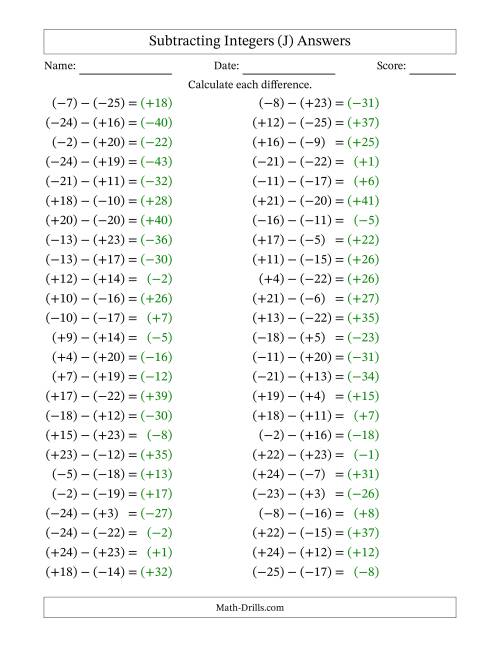 The Subtracting Mixed Integers from -25 to 25 (50 Questions; All Parentheses) (J) Math Worksheet Page 2