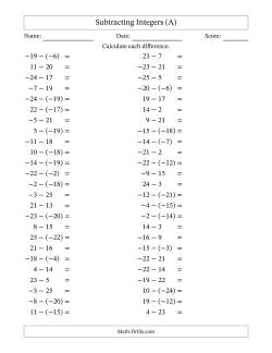 Subtracting Mixed Integers from -25 to 25 (50 Questions)