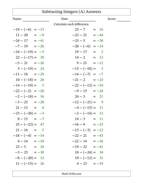 The Subtracting Mixed Integers from -25 to 25 (50 Questions) (A) Math Worksheet Page 2
