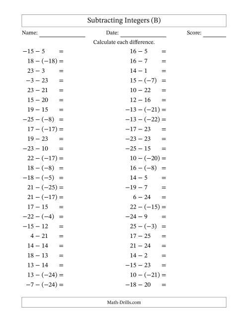 The Subtracting Mixed Integers from -25 to 25 (50 Questions) (B) Math Worksheet