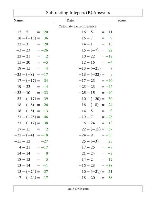 The Subtracting Mixed Integers from -25 to 25 (50 Questions) (B) Math Worksheet Page 2