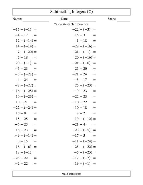 The Subtracting Mixed Integers from -25 to 25 (50 Questions) (C) Math Worksheet
