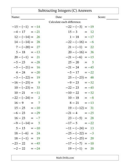 The Subtracting Mixed Integers from -25 to 25 (50 Questions) (C) Math Worksheet Page 2