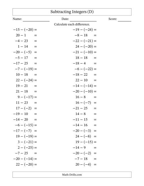 The Subtracting Mixed Integers from -25 to 25 (50 Questions) (D) Math Worksheet