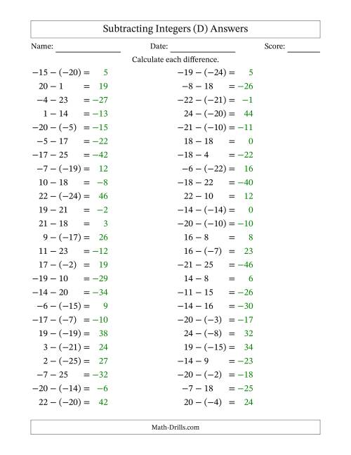 The Subtracting Mixed Integers from -25 to 25 (50 Questions) (D) Math Worksheet Page 2