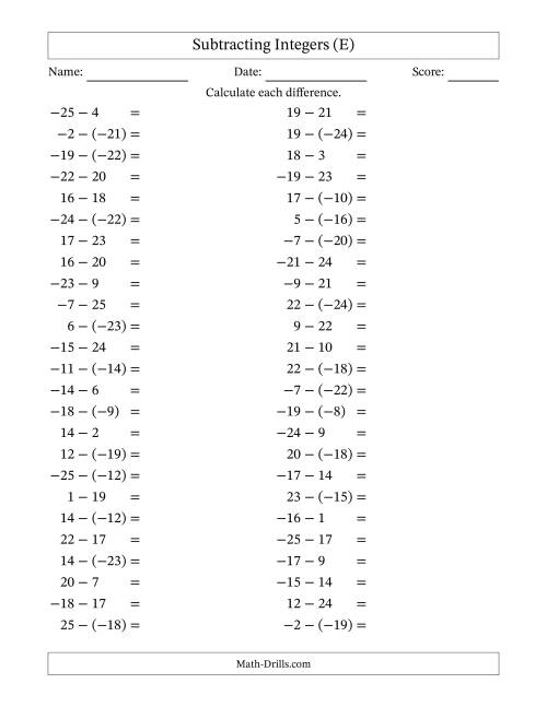 The Subtracting Mixed Integers from -25 to 25 (50 Questions) (E) Math Worksheet