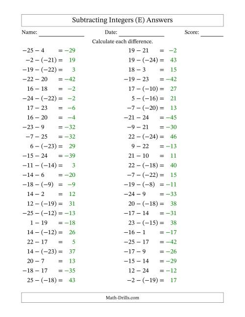 The Subtracting Mixed Integers from -25 to 25 (50 Questions) (E) Math Worksheet Page 2