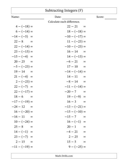 The Subtracting Mixed Integers from -25 to 25 (50 Questions) (F) Math Worksheet