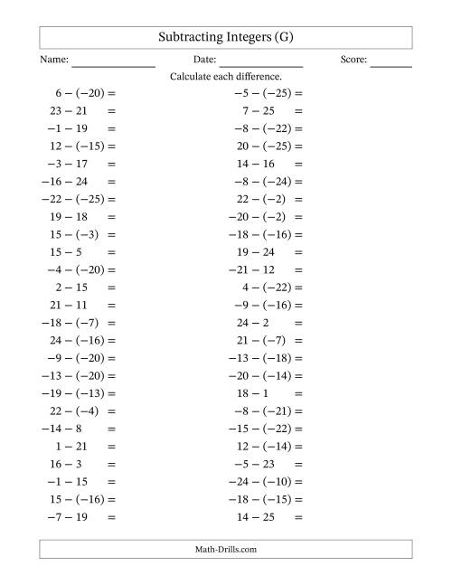 The Subtracting Mixed Integers from -25 to 25 (50 Questions) (G) Math Worksheet