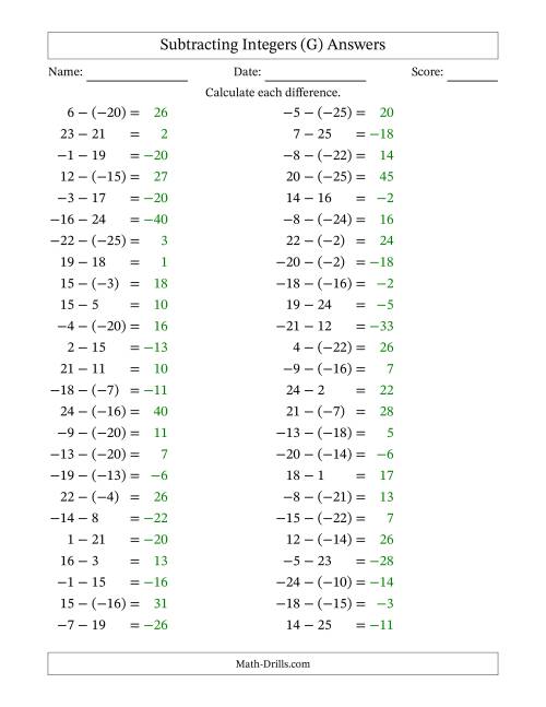 The Subtracting Mixed Integers from -25 to 25 (50 Questions) (G) Math Worksheet Page 2