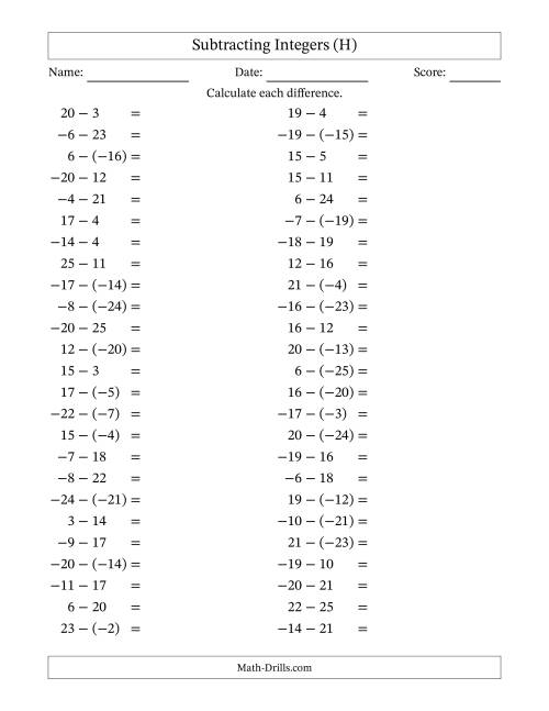 The Subtracting Mixed Integers from -25 to 25 (50 Questions) (H) Math Worksheet