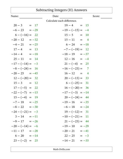 The Subtracting Mixed Integers from -25 to 25 (50 Questions) (H) Math Worksheet Page 2