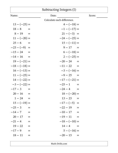 The Subtracting Mixed Integers from -25 to 25 (50 Questions) (I) Math Worksheet