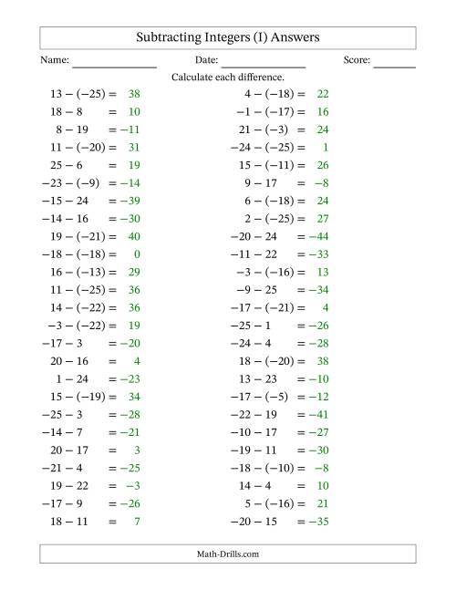 The Subtracting Mixed Integers from -25 to 25 (50 Questions) (I) Math Worksheet Page 2