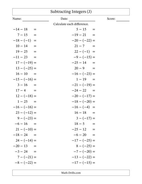 The Subtracting Mixed Integers from -25 to 25 (50 Questions) (J) Math Worksheet