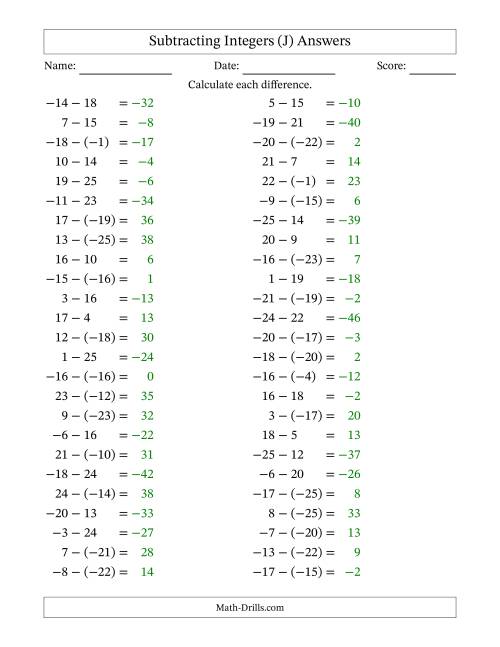The Subtracting Mixed Integers from -25 to 25 (50 Questions) (J) Math Worksheet Page 2