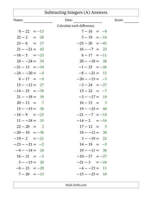 The Subtracting Mixed Integers from -25 to 25 (50 Questions; No Parentheses) (A) Math Worksheet Page 2