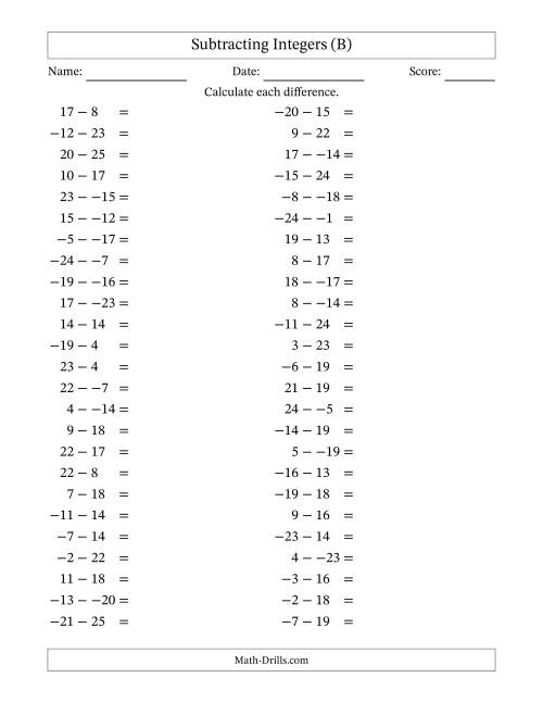 The Subtracting Mixed Integers from -25 to 25 (50 Questions; No Parentheses) (B) Math Worksheet