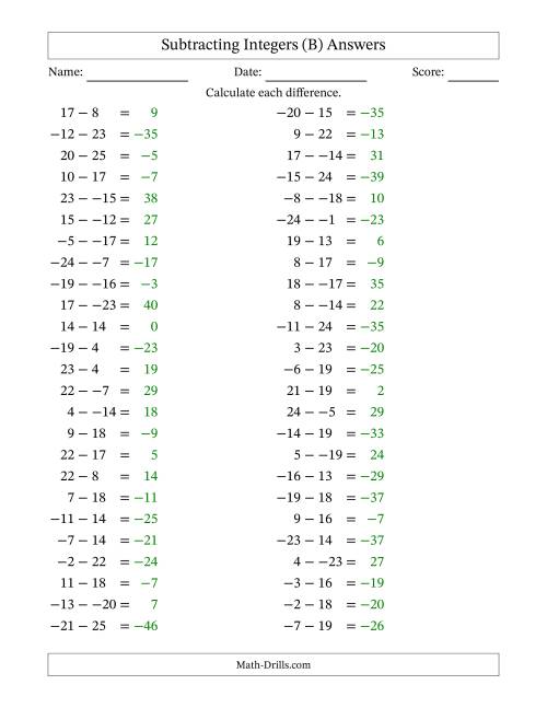 The Subtracting Mixed Integers from -25 to 25 (50 Questions; No Parentheses) (B) Math Worksheet Page 2