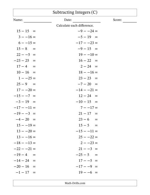The Subtracting Mixed Integers from -25 to 25 (50 Questions; No Parentheses) (C) Math Worksheet