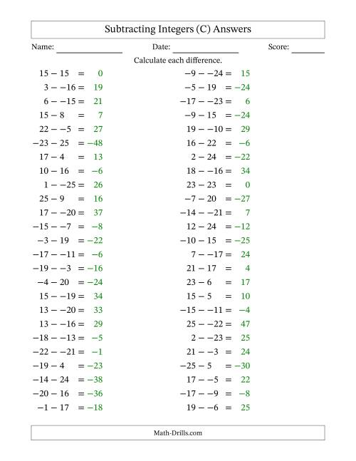 The Subtracting Mixed Integers from -25 to 25 (50 Questions; No Parentheses) (C) Math Worksheet Page 2