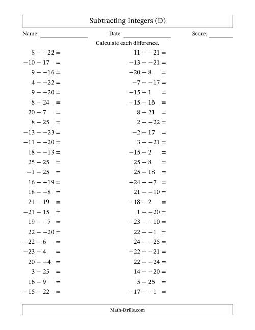 The Subtracting Mixed Integers from -25 to 25 (50 Questions; No Parentheses) (D) Math Worksheet