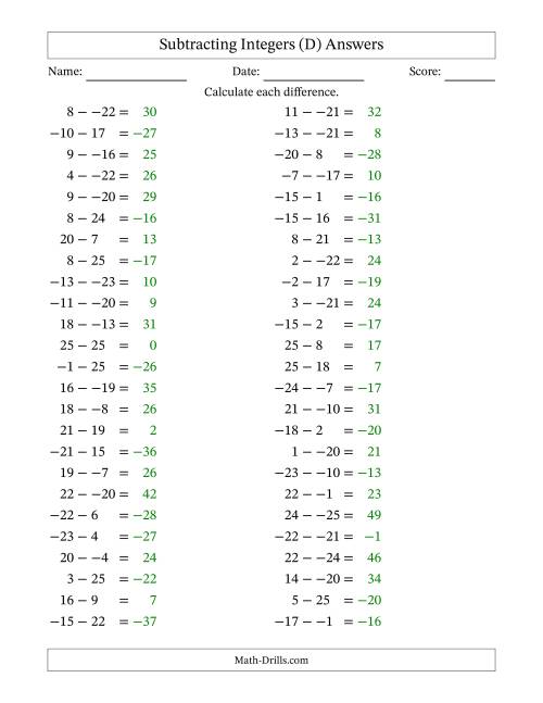 The Subtracting Mixed Integers from -25 to 25 (50 Questions; No Parentheses) (D) Math Worksheet Page 2