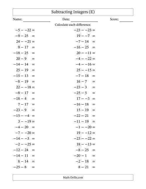 The Subtracting Mixed Integers from -25 to 25 (50 Questions; No Parentheses) (E) Math Worksheet