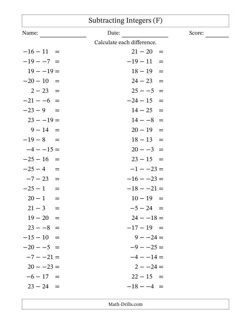 The Subtracting Mixed Integers from -25 to 25 (50 Questions; No Parentheses) (F) Math Worksheet