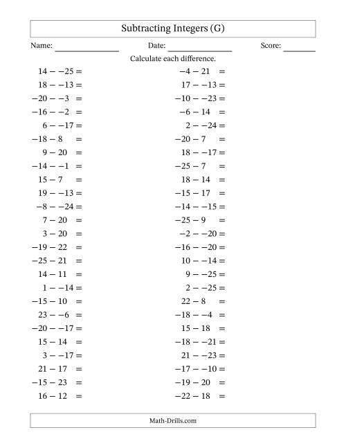 The Subtracting Mixed Integers from -25 to 25 (50 Questions; No Parentheses) (G) Math Worksheet