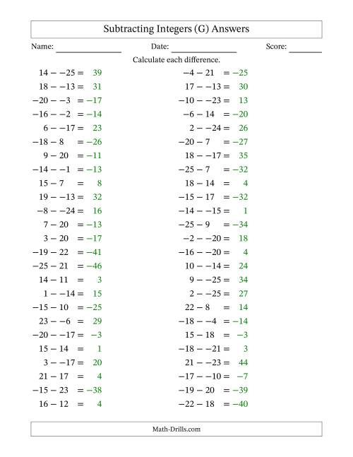 The Subtracting Mixed Integers from -25 to 25 (50 Questions; No Parentheses) (G) Math Worksheet Page 2