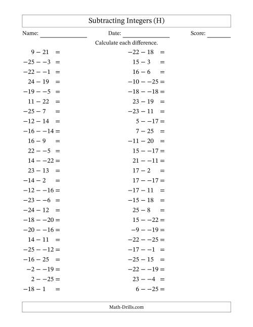 The Subtracting Mixed Integers from -25 to 25 (50 Questions; No Parentheses) (H) Math Worksheet