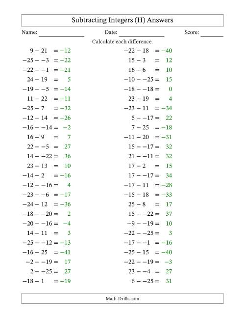 The Subtracting Mixed Integers from -25 to 25 (50 Questions; No Parentheses) (H) Math Worksheet Page 2