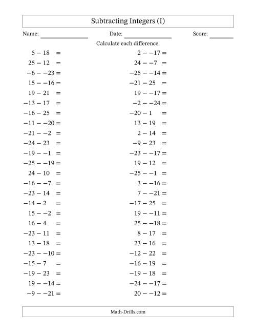 The Subtracting Mixed Integers from -25 to 25 (50 Questions; No Parentheses) (I) Math Worksheet
