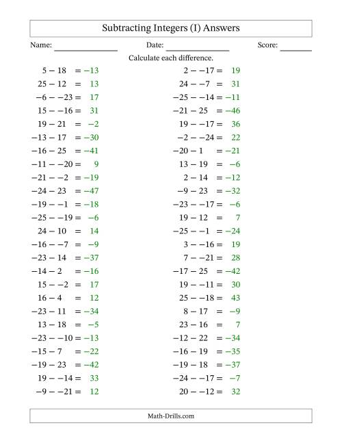 The Subtracting Mixed Integers from -25 to 25 (50 Questions; No Parentheses) (I) Math Worksheet Page 2