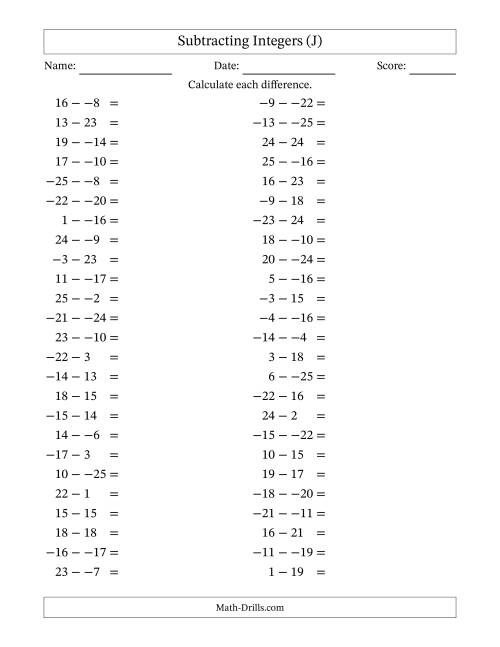 The Subtracting Mixed Integers from -25 to 25 (50 Questions; No Parentheses) (J) Math Worksheet