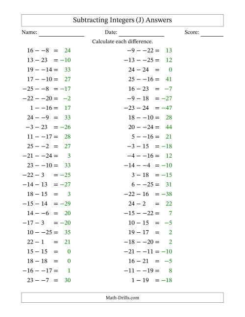 The Subtracting Mixed Integers from -25 to 25 (50 Questions; No Parentheses) (J) Math Worksheet Page 2