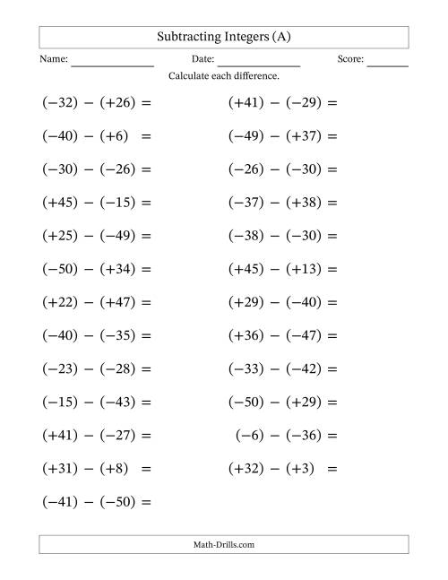 The Subtracting Mixed Integers from -50 to 50 (25 Questions; Large Print; All Parentheses) (A) Math Worksheet