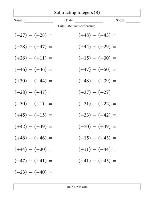 The Subtracting Mixed Integers from -50 to 50 (25 Questions; Large Print; All Parentheses) (B) Math Worksheet